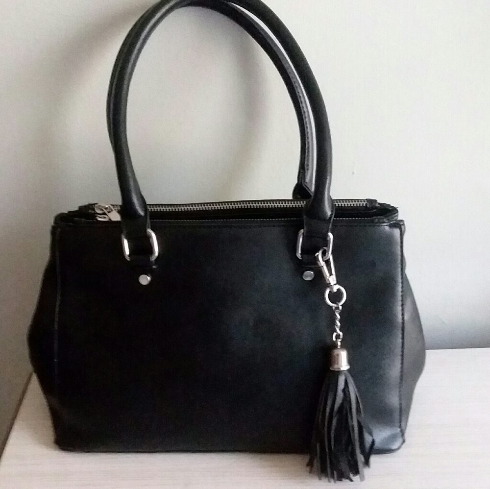Kelly & Katie Black Satchel, Double Zipper Sides